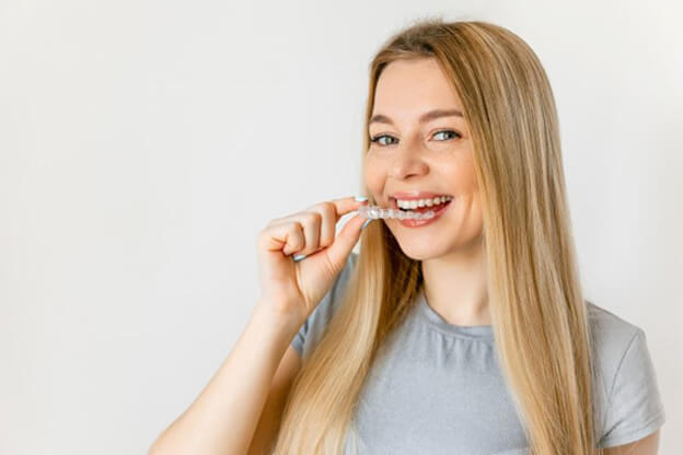 happy young woman holding clear aligner close to her mouth