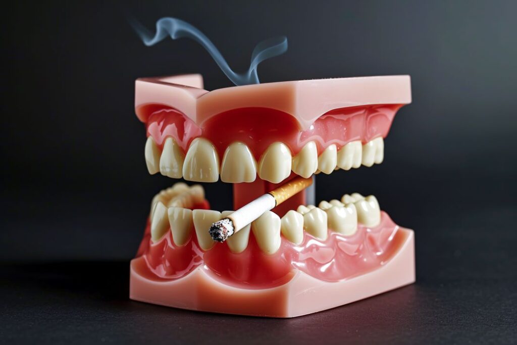 A pair of dentures with a lit cigarette.